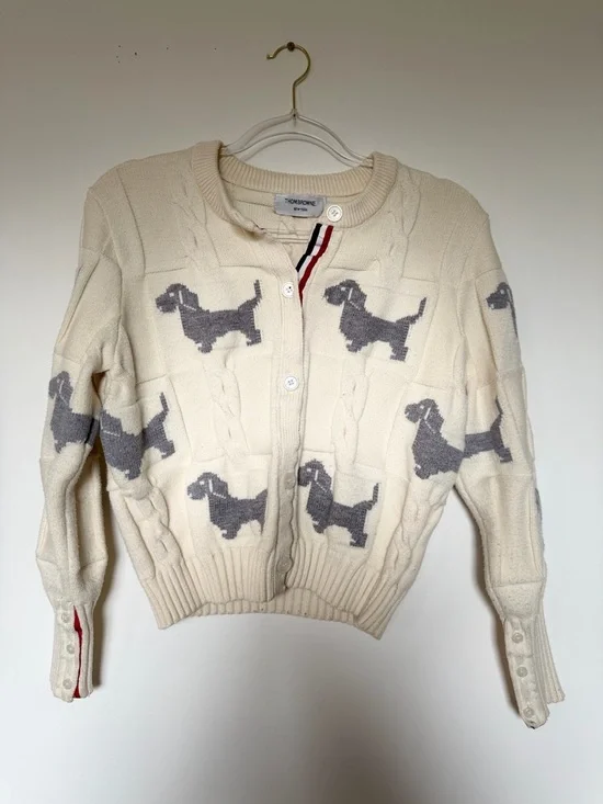Thom Browne Cream Cardigan with Gray Dog Motif and Signature Trim - Picture 1 of 8